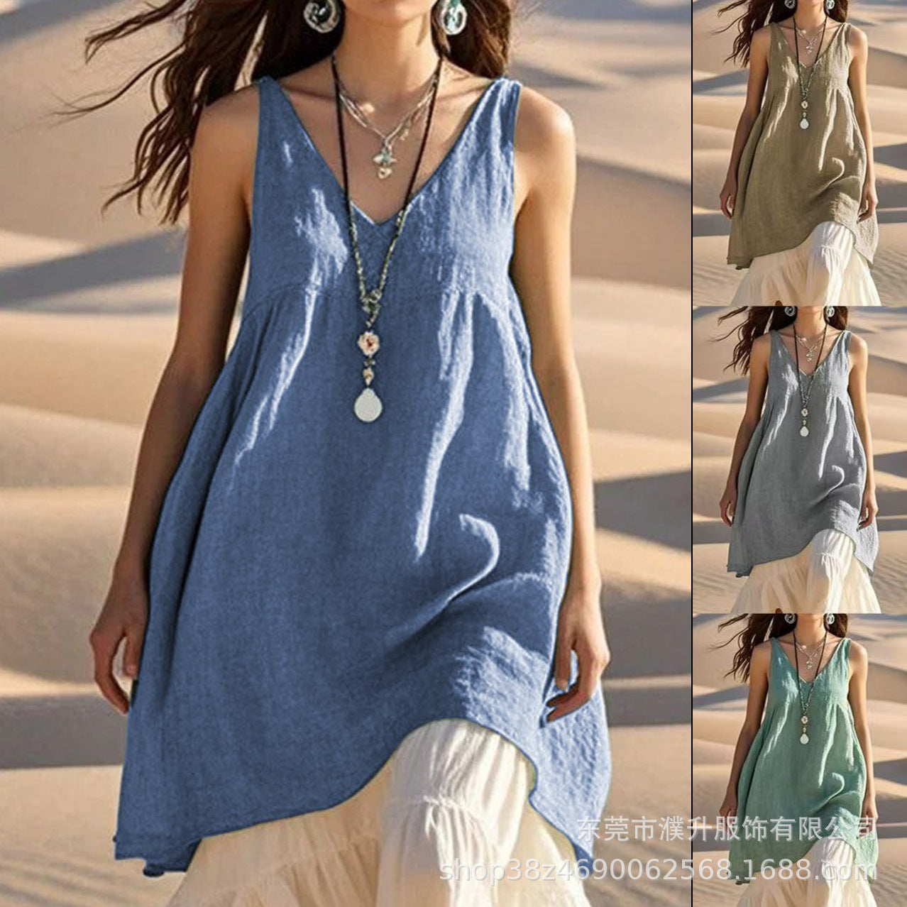 Dame afslappet linnedragt med V-udskæring og udsprunget snit Stilla