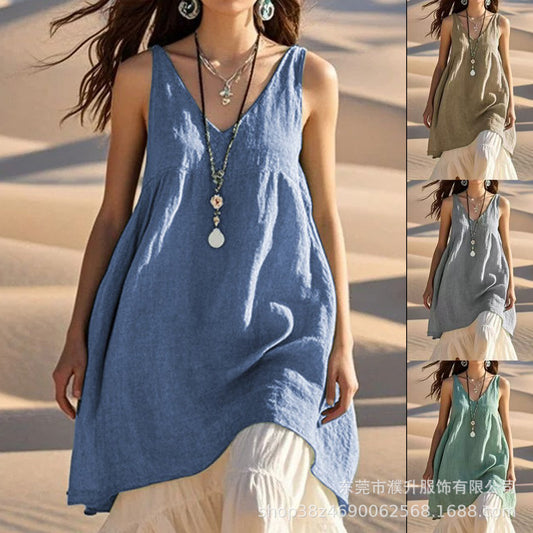 Dame afslappet linnedragt med V-udskæring og udsprunget snit Stilla