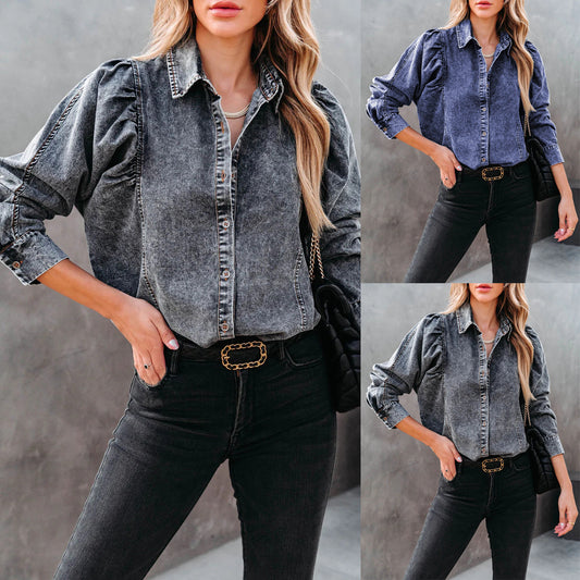 Dame Denim-bluse med rynker og knapliste Stilla