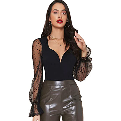 Dame bodysuit med dyb V-udskæring og elegante puffærmer Stilla