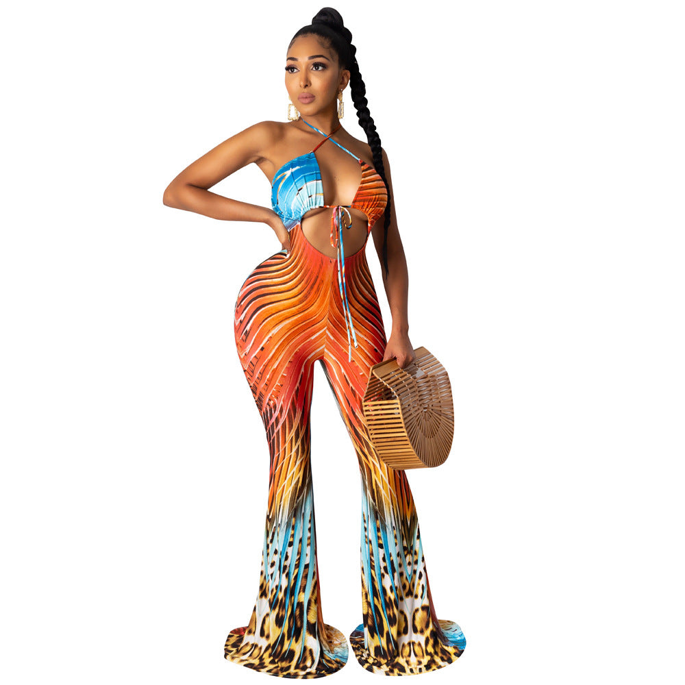 Dame Elegant Jumpsuit med farverigt grafikdesign og raffineret slids Stilla