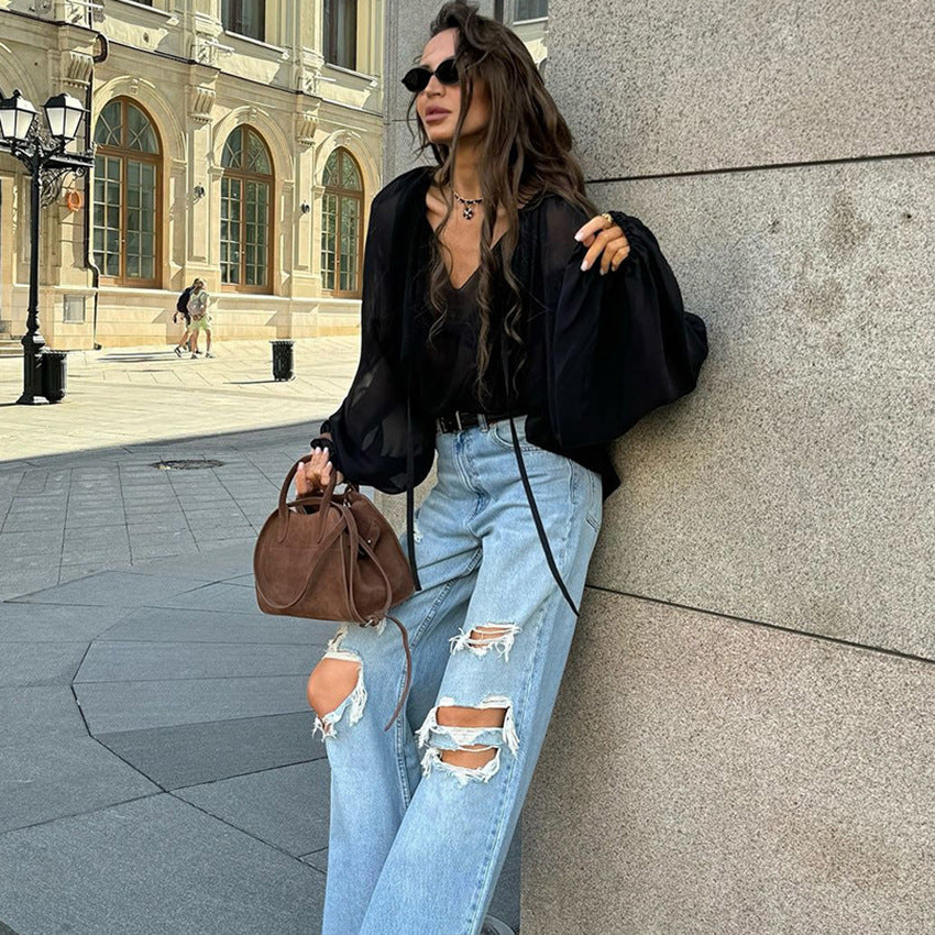 Dame elegant bluse med voluminøse ærmer og V-udskæring Stilla