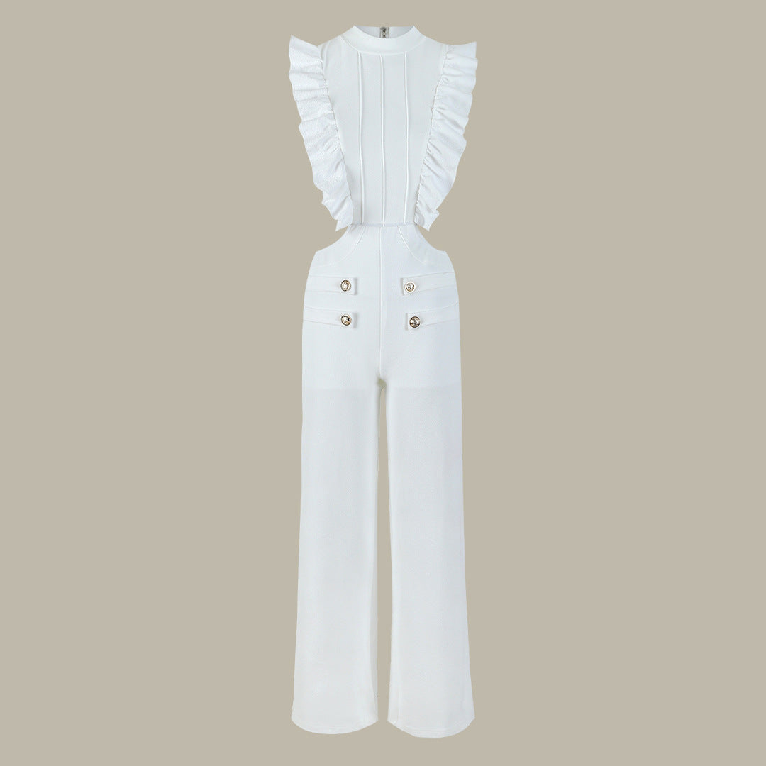 Dame jumpsuit med voluminøse flæser og elegante udskæringer Stilla