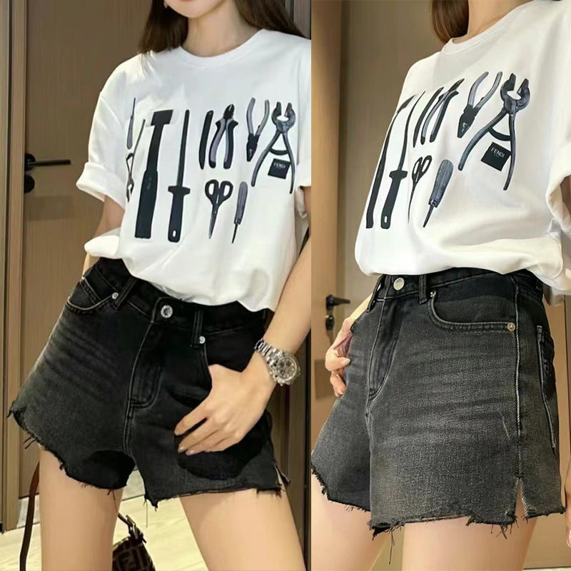 Dame Destroyed Denim-Shorts med høj talje og frynser Stilla