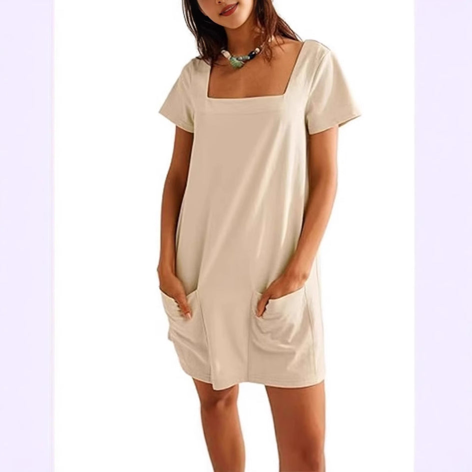 Dame afslappet bomulds kjole med firkantet udskæring og praktiske lommer Stilla