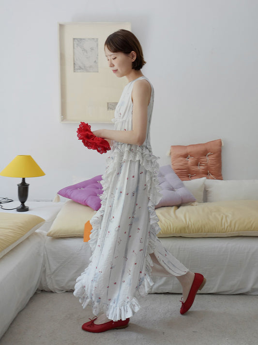 Dame afslappet maxikjole med flæsedetaljer og blomsterprint Stilla