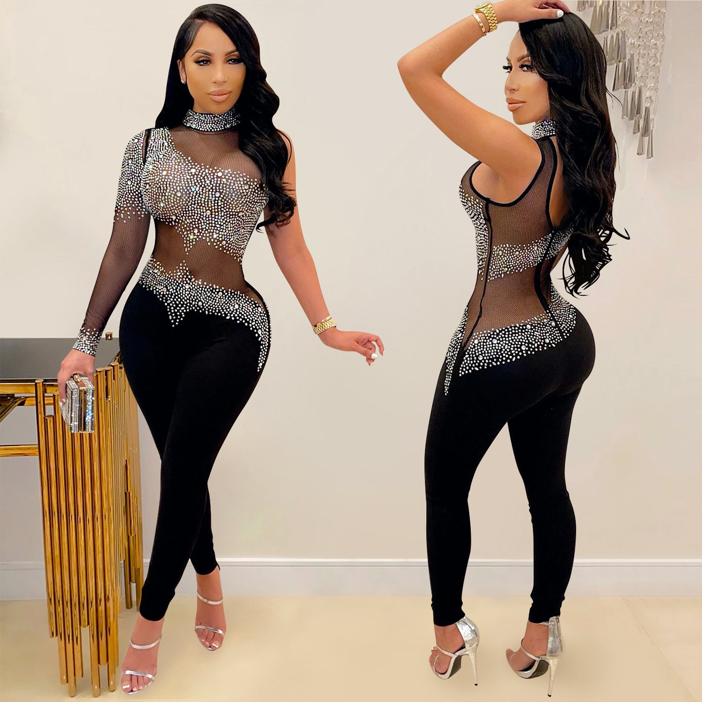 Dame Glamourøs Jumpsuit med glitrende strass dekorationer og gennemsigtig top Stilla