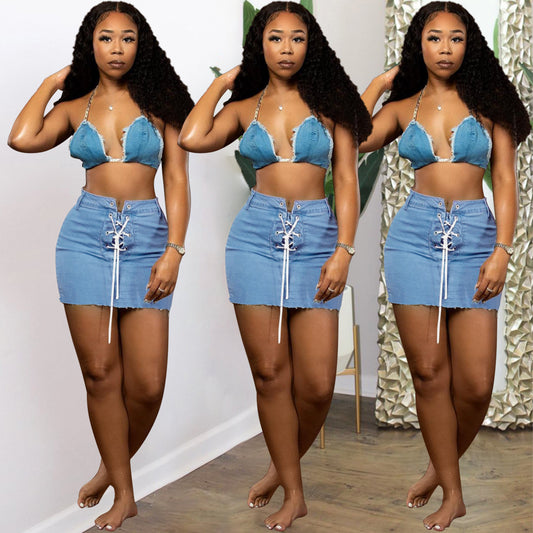 Dame Denim Crop-Top med frynser og snøre detaljer Stilla