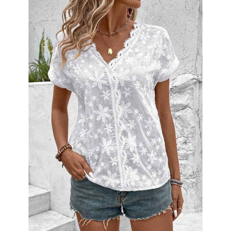 Dame elegant bomuldsbluse med blomsterbroderier Stilla