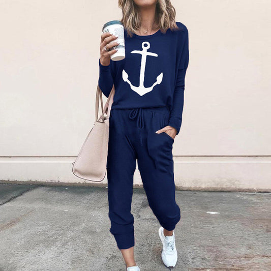 Dame Behagelig jumpsuit med maritimt ankerdesign og elastisk talje Stilla