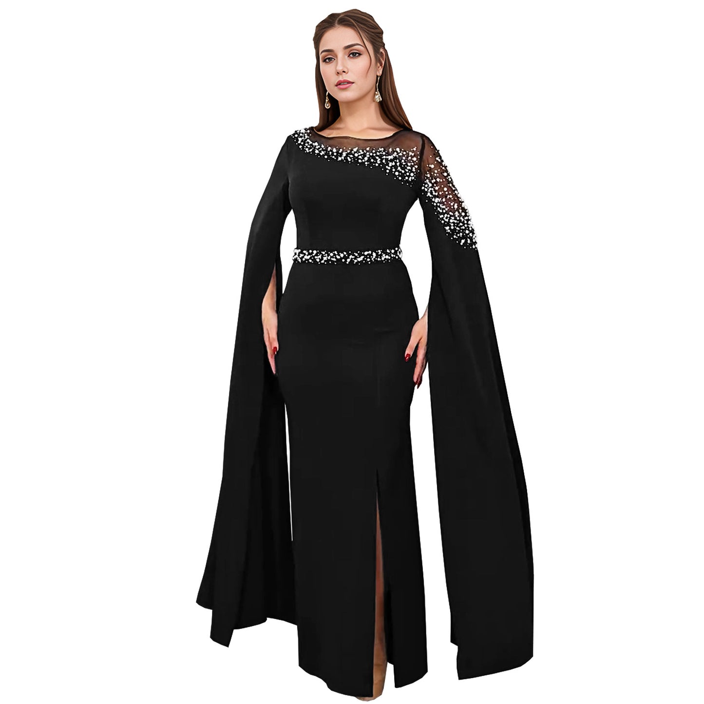 Dame elegant aftenkjole med forførende kappeærmer og fine strassdekorationer Stilla
