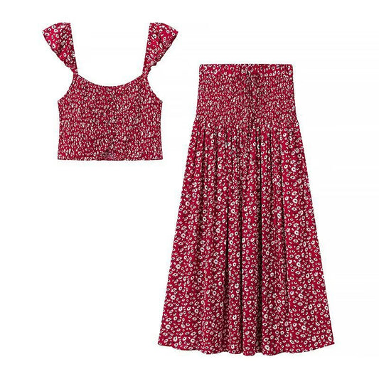 Dame Crop-top og Maxiskørt sæt med floral design Stilla