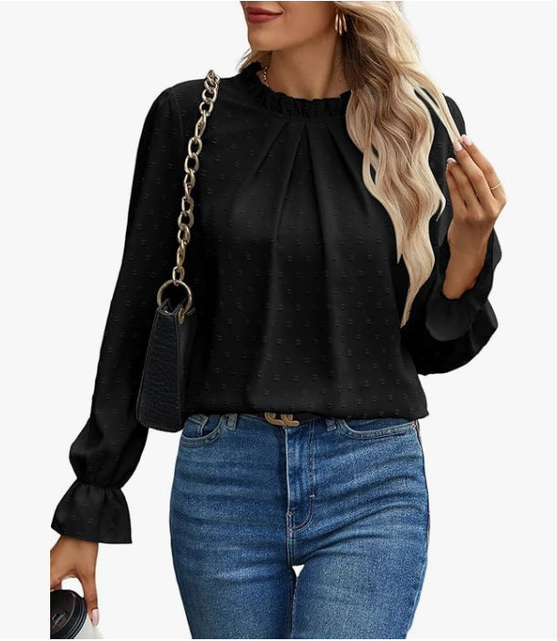 Dame elegant bluse med flæsedetaljer og prikket stof Stilla