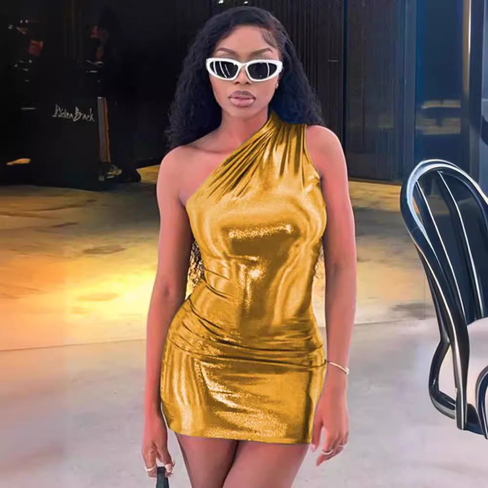 Dame Ein-skulder Metallic Bodycon Kjole Stilla