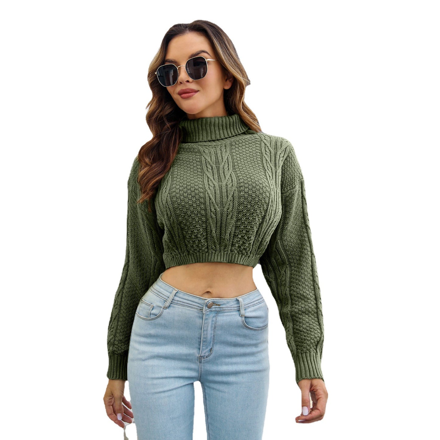 Dame Cropped Strikpullover med høj krave og fletmønster Stilla