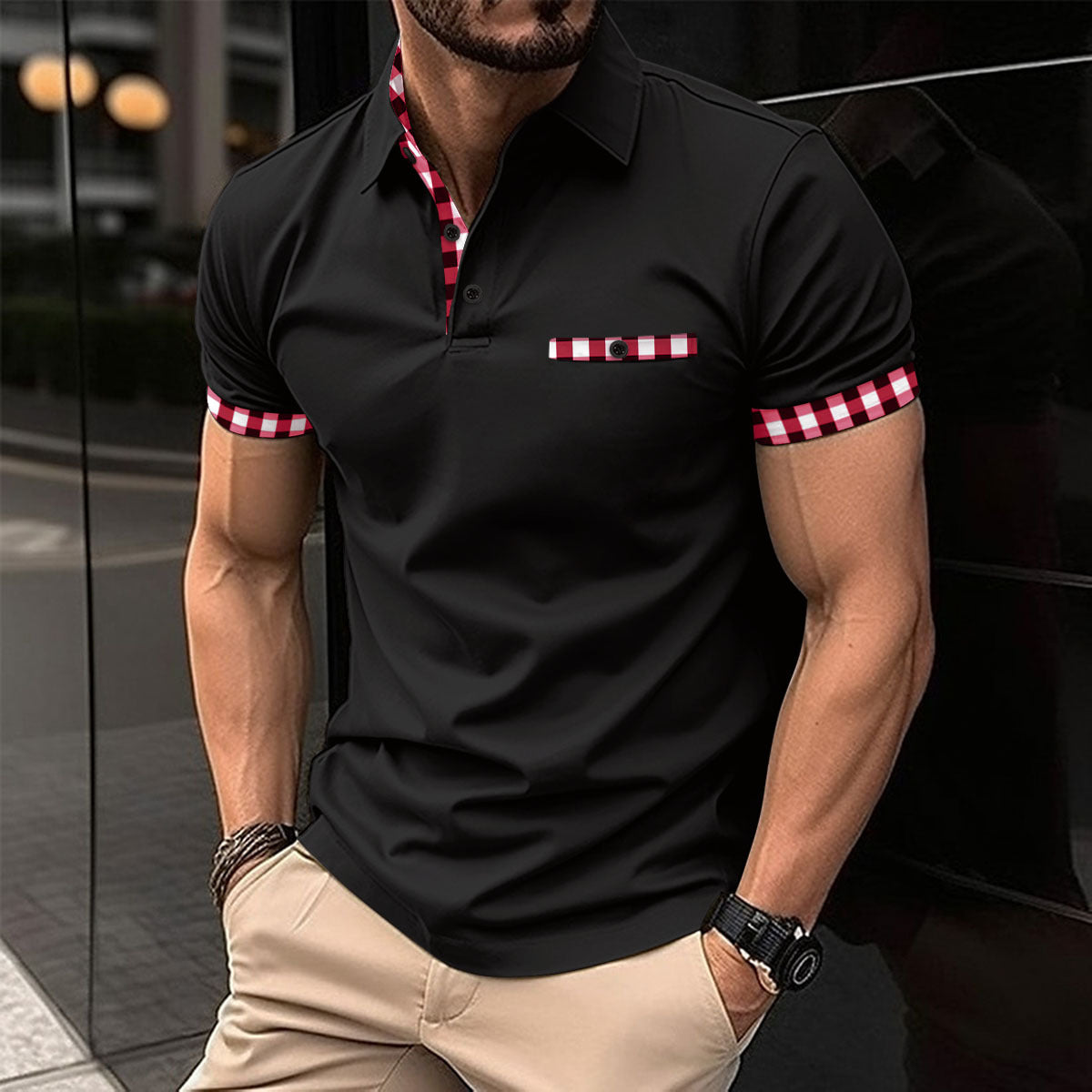 Herrer Poloshirt med stilfulde ternede detaljer og innovativ krave Stilla