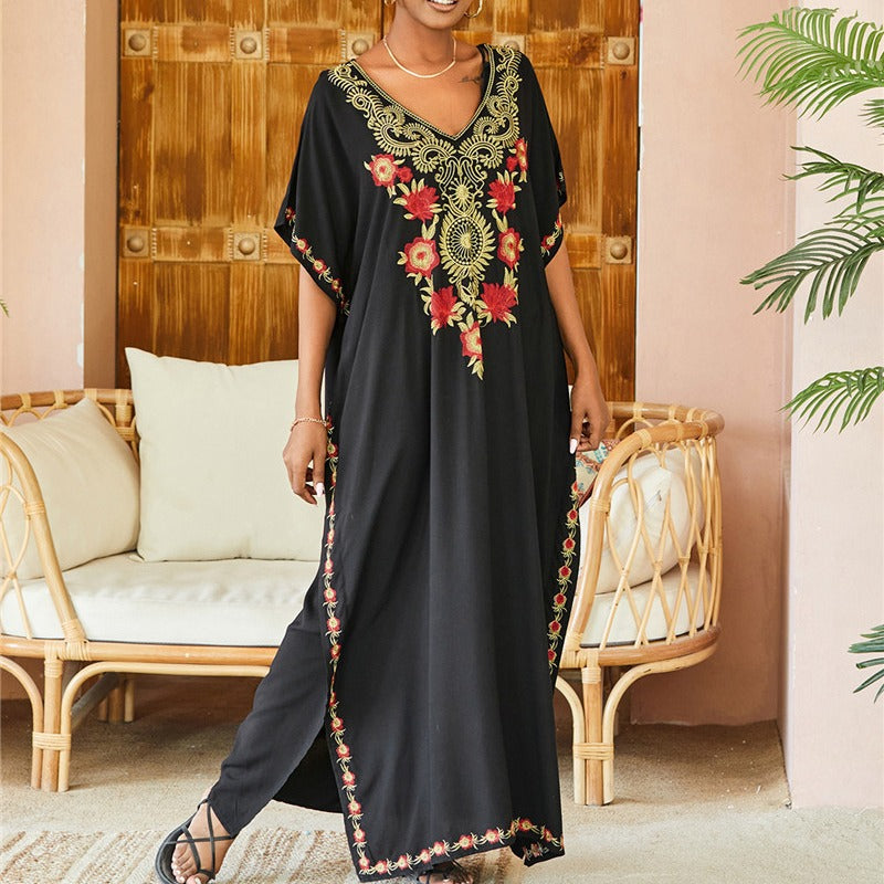 Dame elegant Kaftan med kunstnerisk floral broderi Stilla