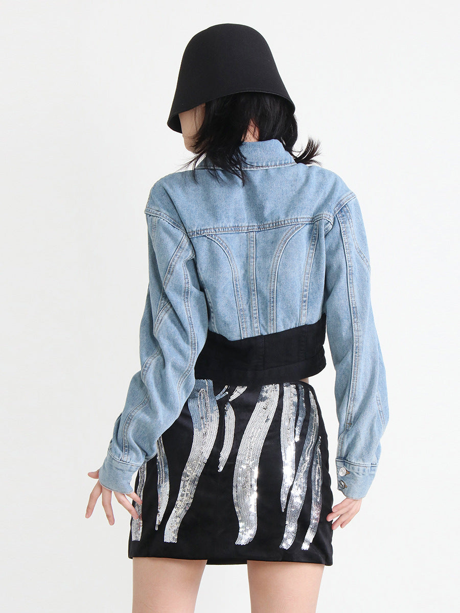 Dame cropped Jeansjakke med farvekombination Stilla