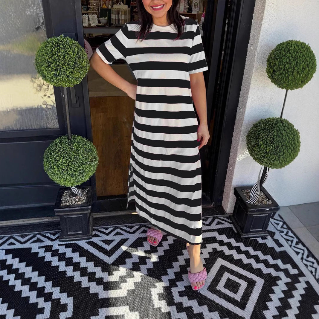 Dame afslappet maxikjole lavet af blød flydende bomuldsstof med stribemønster Stilla