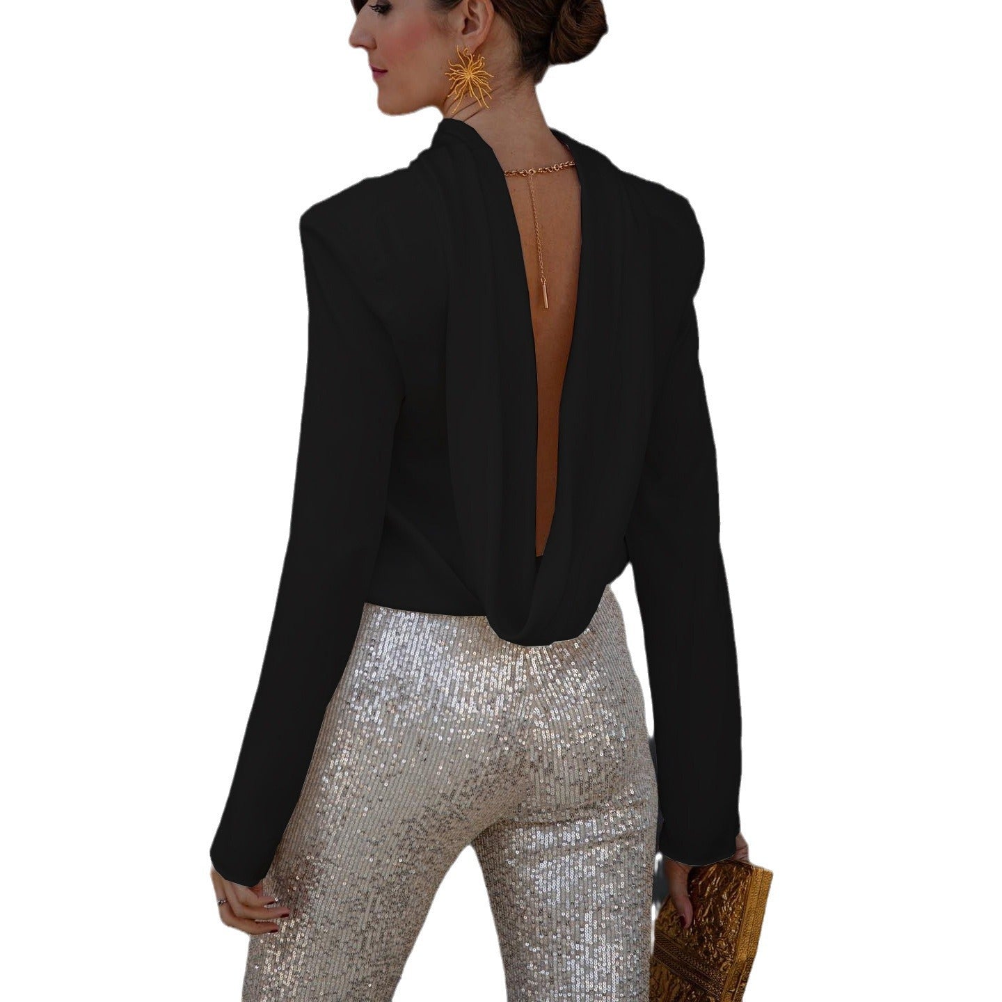 Dame Elegant Bluse med høj krave og brede ærmer Stiila