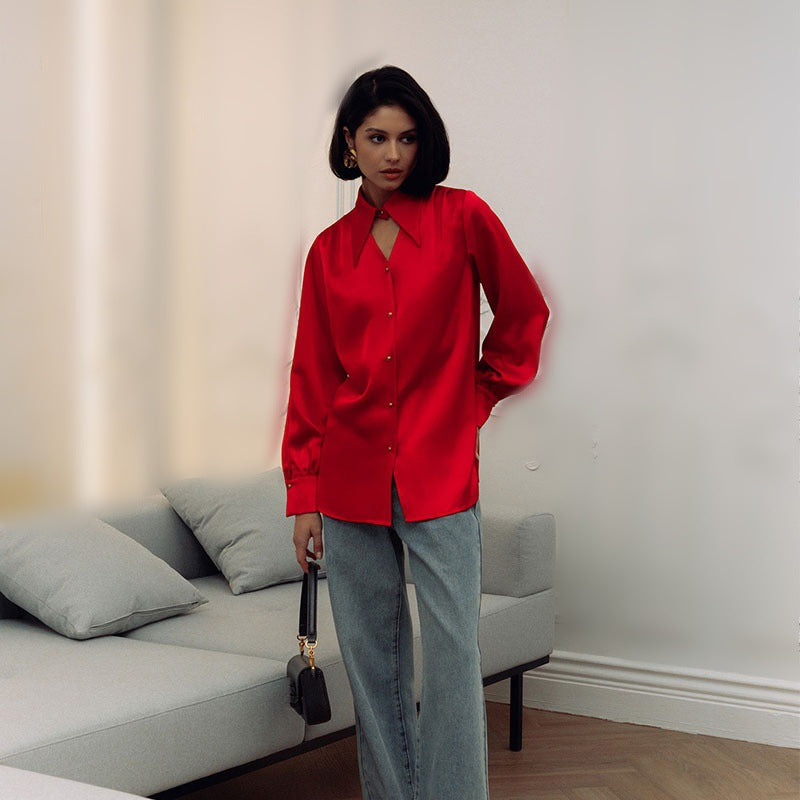 Dame Elegant Bluse med omslagkrave og knapdetaljer Stilla