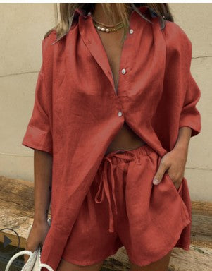 Dame afslappet linned top med shorts Stilla