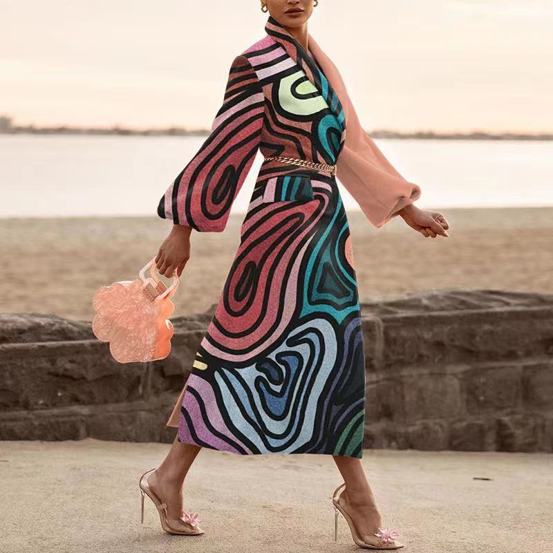 Dame Designer Frakke med kunstnerisk print og voluminøse ærmer Stilla