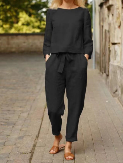 Dame afslappet linnedragt sæt med høj talje og taljehjælp Stiila