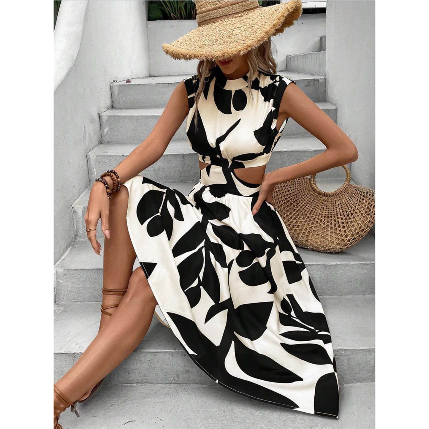 Dame Elegant Cut-Out Midi Kjole med Blomsterdesign Stilla