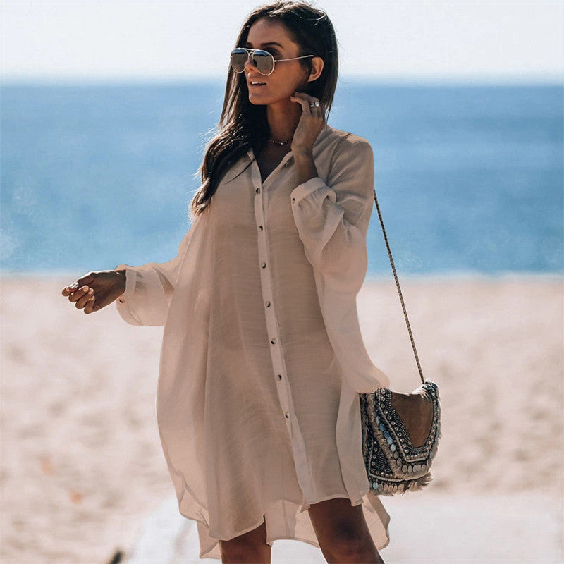 Dame afslappet strand skjorte kjole med knapdetalje og bred pasform Stilla