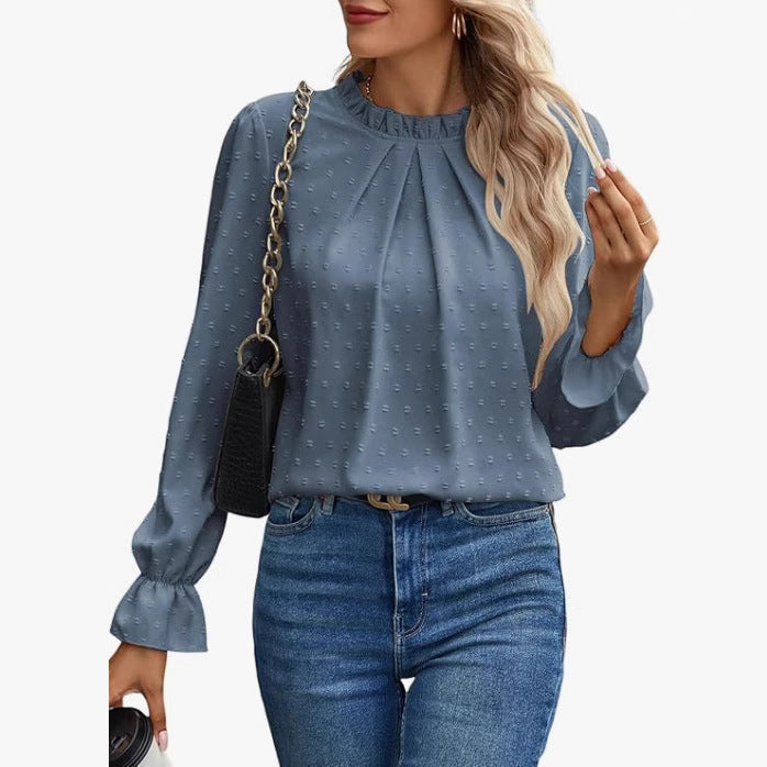 Dame elegant bluse med flæsedetaljer og prikket stof Stilla