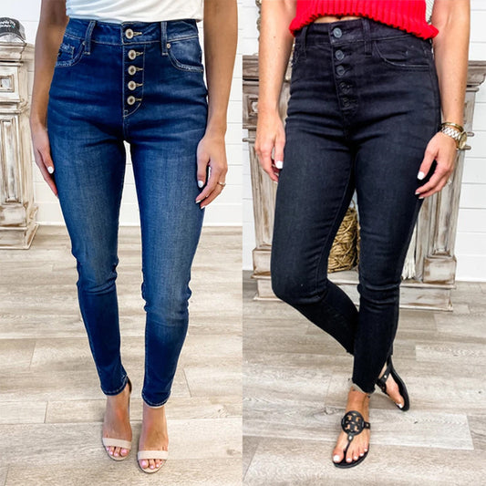 Dame Højtskårne Skinny Jeans med Knapperække og Optimal Komfort Stilla
