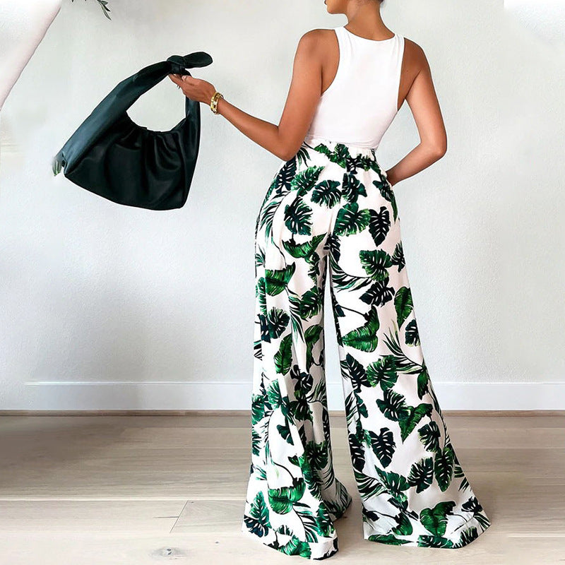Dame Elegant Jumpsuit med bred ben og blomsterbladmønster Stilla