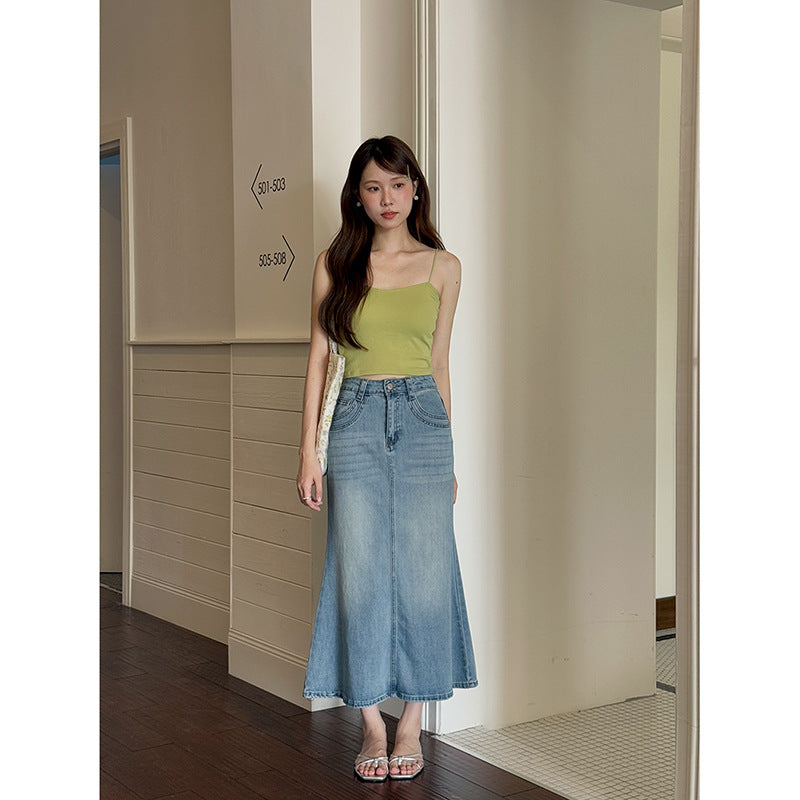 Dame denim midirock med højskåret talje og flydende snit Stilla