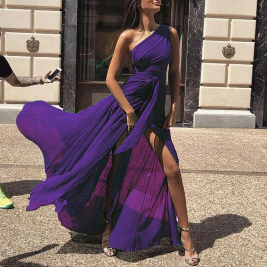 Dame Elegant asymmetrisk maxikjole med sidelids og flydende nederdel Stilla