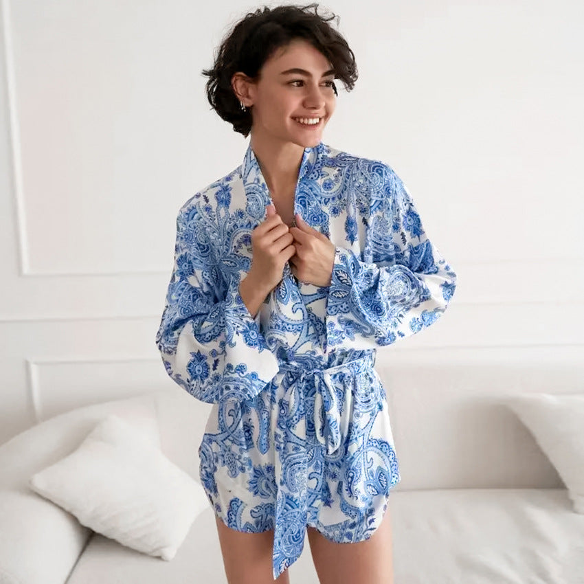Dame Kimono-Style Morgenkåbe med Paisley-mønster og Talje-bælte Stilla