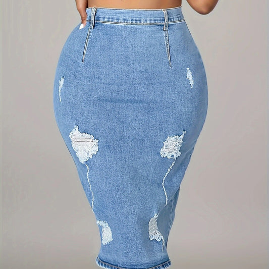 Dame Denim Blyantskørt med stilfulde Ødelagte-detaljer og høj talje Stilla