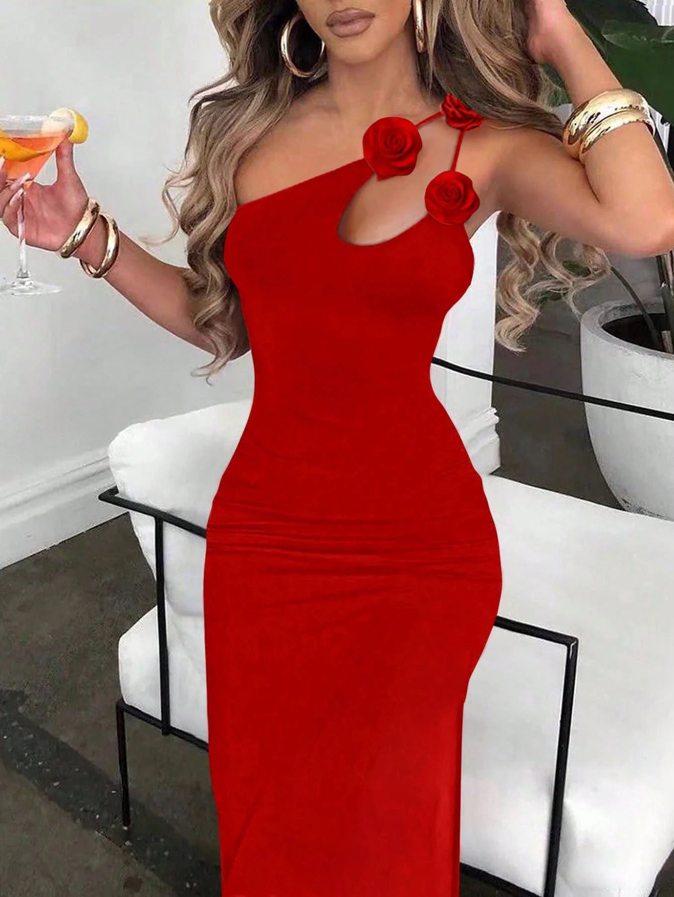 Dame elegant ét-skulder maxikjole med blomstermønster Stilla