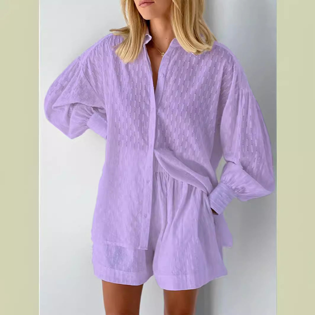 Dame afslappet skjorte og shorts sæt med fint mønster Stilla