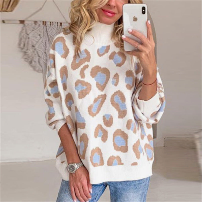 Damer Fashion Pullover med leopardmønster og høj krave Stilla