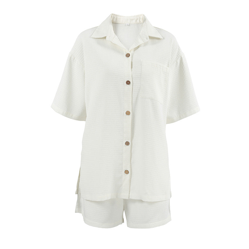 Dame afslappet fritids-sæt bestående af kort skjorte og shorts med knap-design og blødt stof Stilla