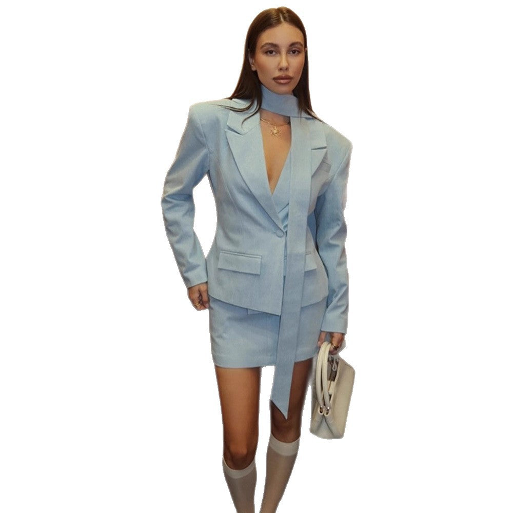 Dame elegant blazer sæt med gennemgående bindebælte Stilla