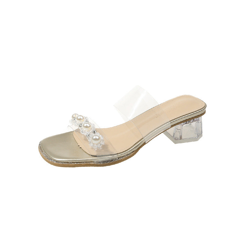 Dame Elegant Åbne Tå Mules med Perle Detaljer Stilla