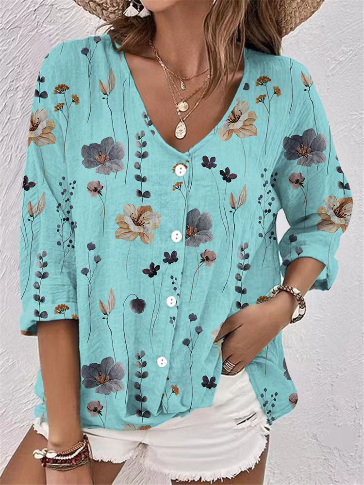Damebluse med blomstertryk og halve ærmer Stilla