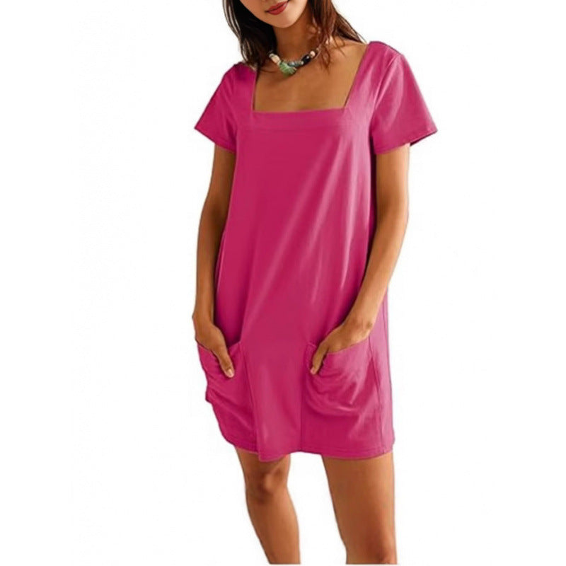 Dame afslappet fritidskjole med firkantet udskæring og praktiske lommer Stilla