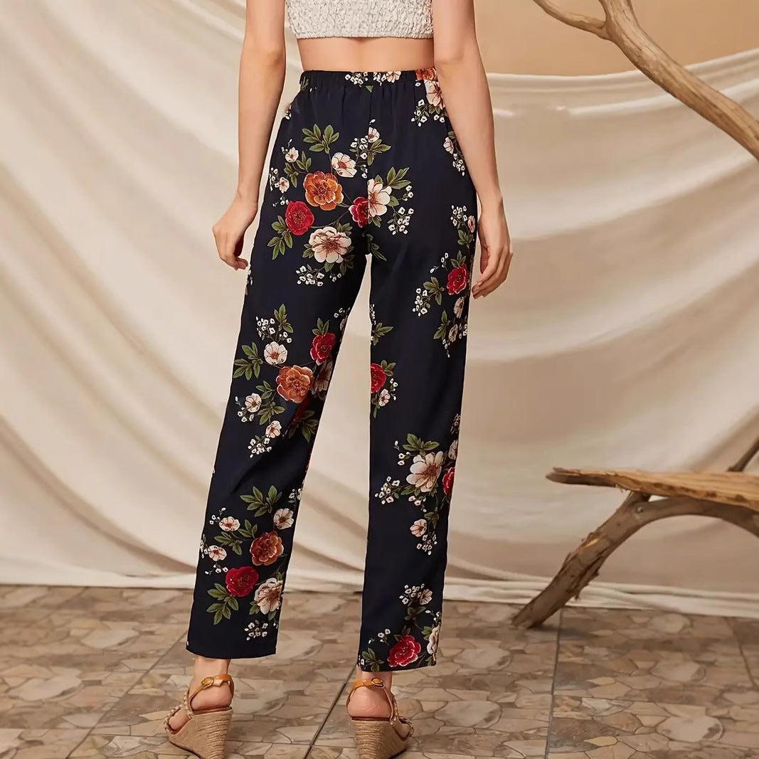 Dame Elegant fritidsbukser med blomstermønster og bælte Stilla