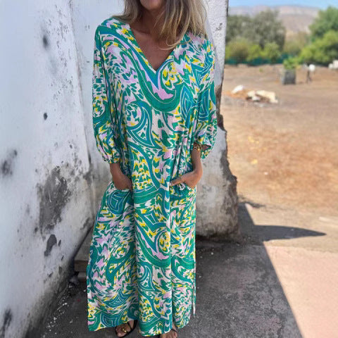 Stilla | Elegant Kvinders Forår Sommer Print V-Hals Kjole