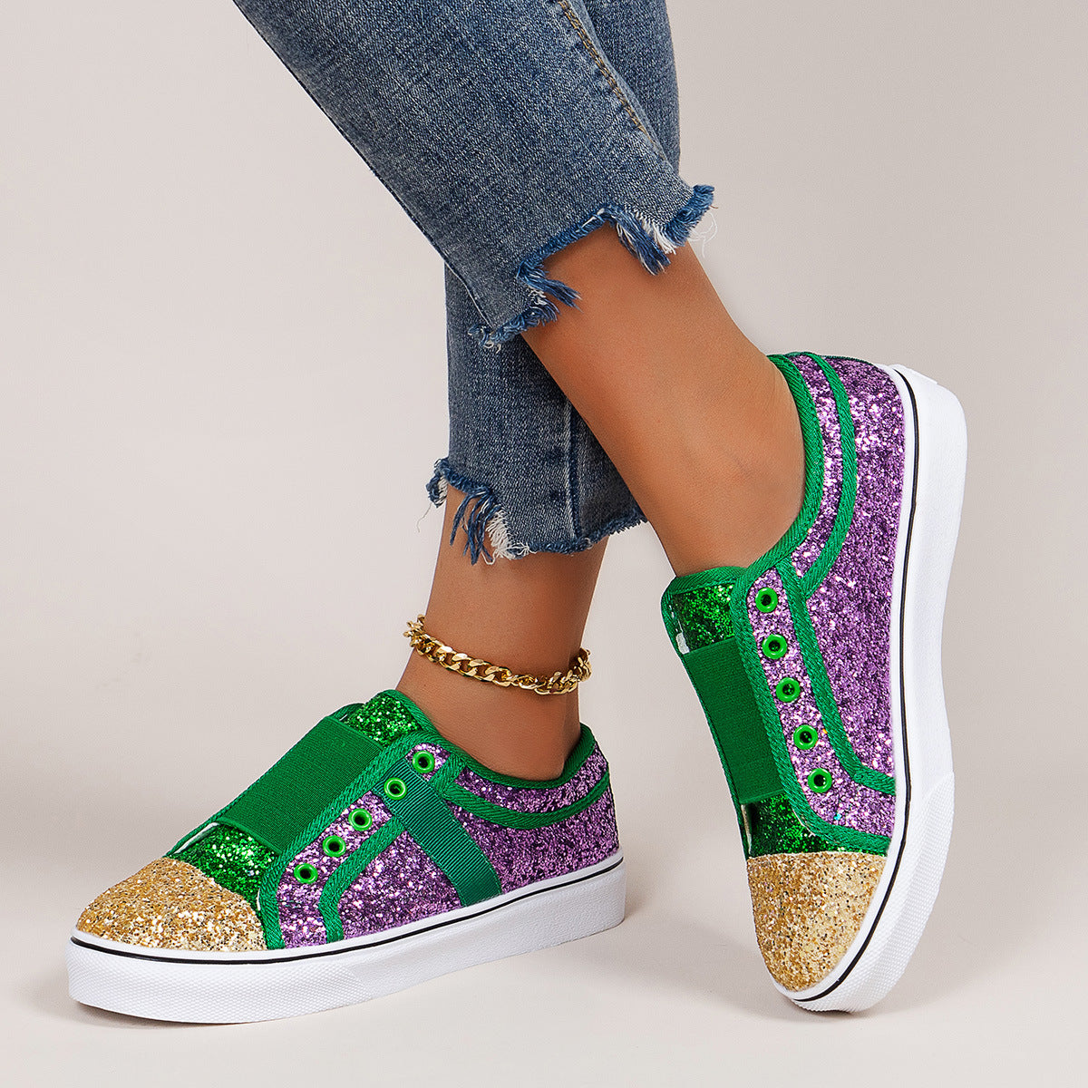 Dame Glamourøse Sneakers med glitrende glimmer og praktisk Slip-On design Stilla