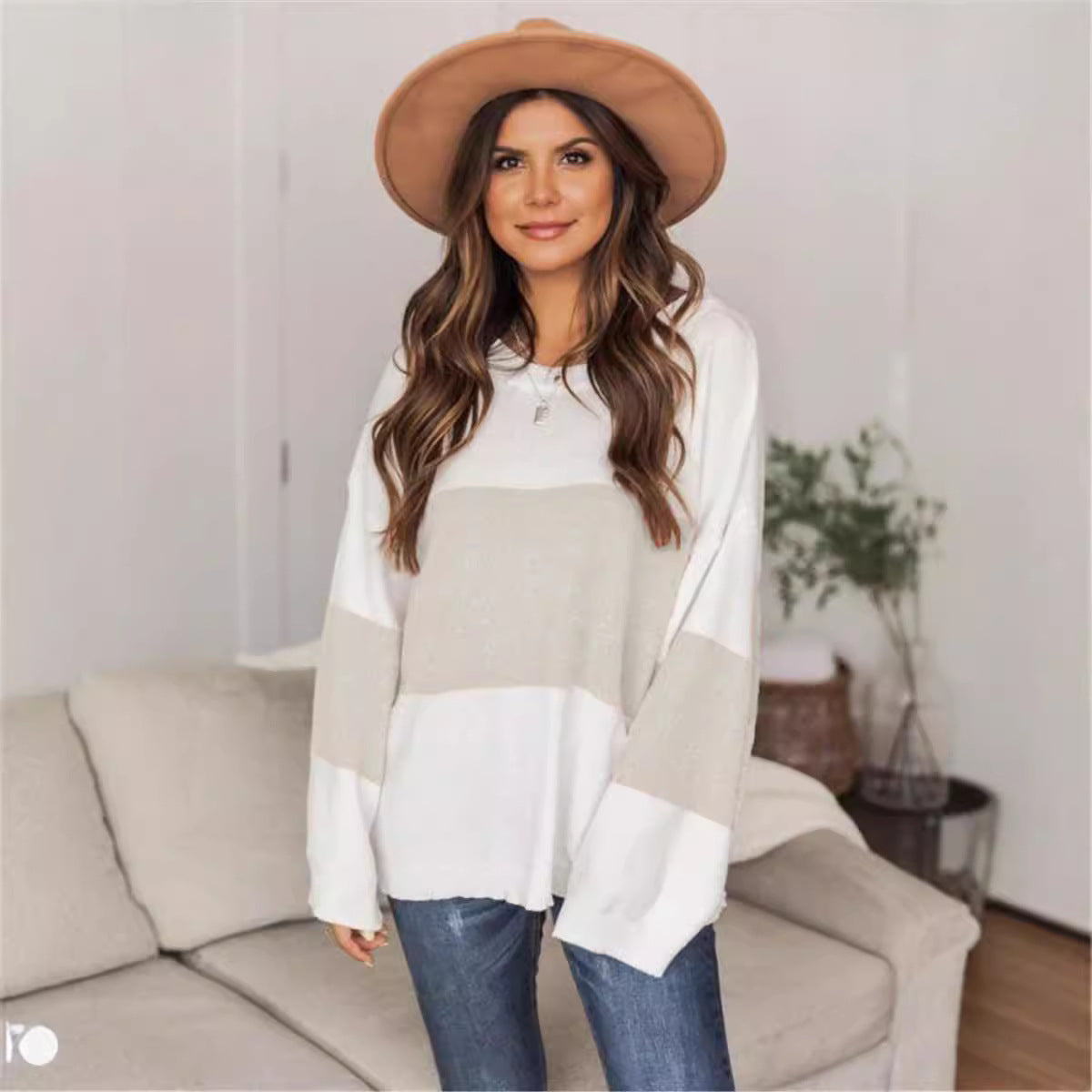 Dame afslappet grovstrikket sweater med moderne stribemønster og bredt skårne ærmer Stilla