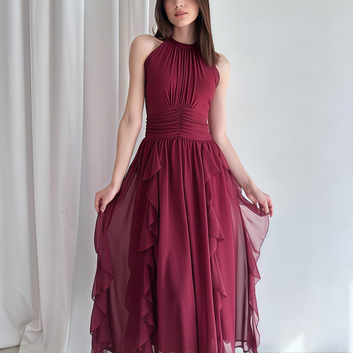 Dame elegant halværmet kjole med flæsedetaljer Stilla